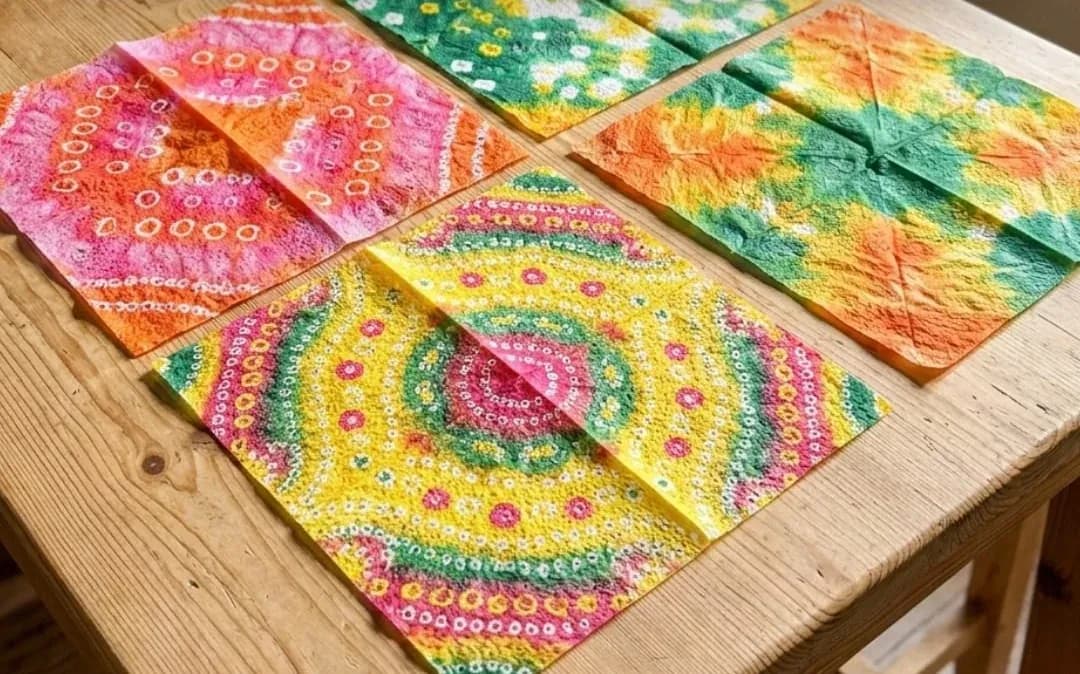 Four paper towels dyed in bright pink, orange, yellow and green bandhani-style patterns on a wooden table