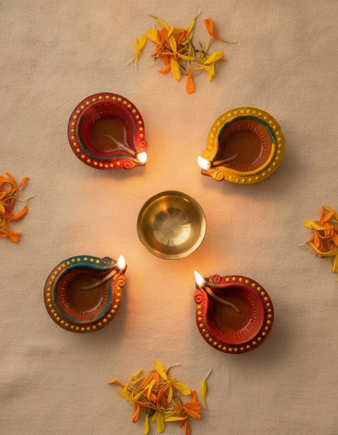 Four clay diyas painted in red, yellow and teal, two of them lit, around a small brass bowl with marigold petals on a cream cloth
