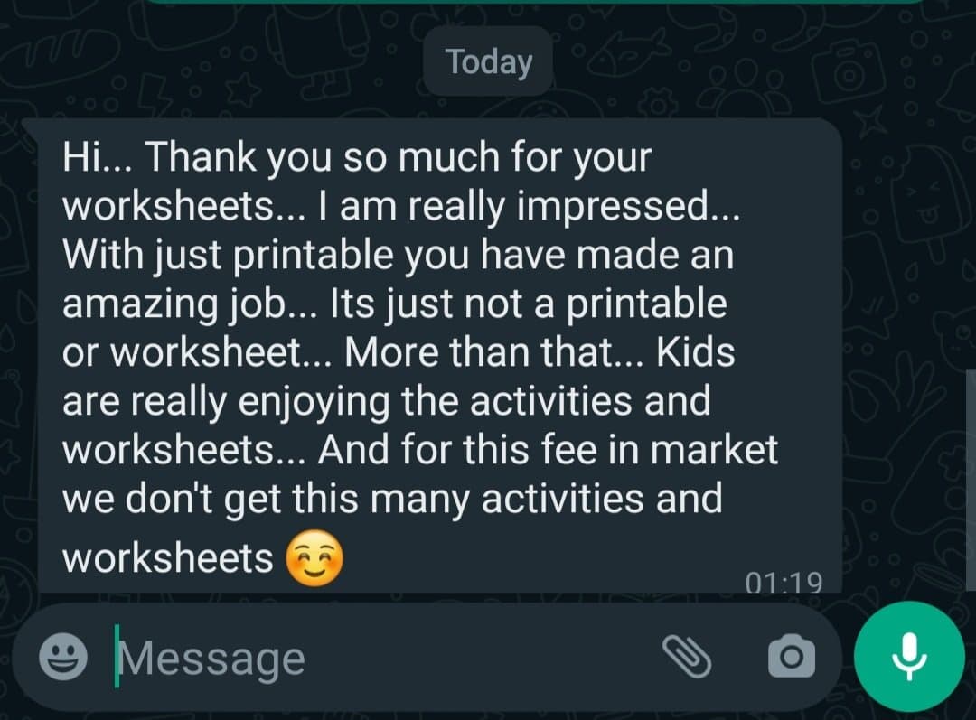 Parent feedback - impressed with worksheets and activities