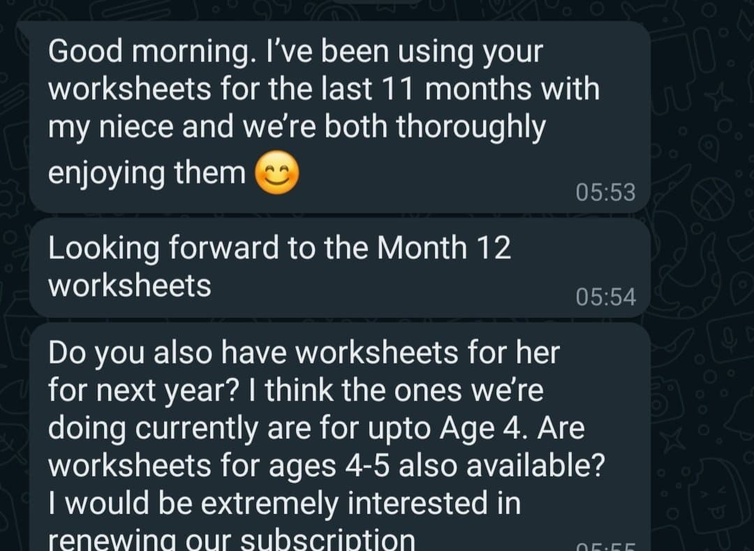 Parent feedback - using worksheets for 11 months, wants to renew