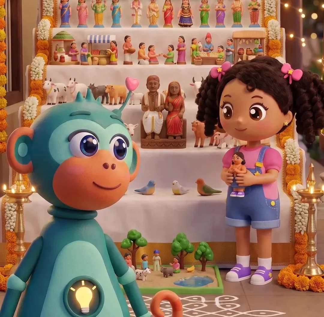Yogi and Tia stand in front of a Golu: white steps lined with colourful dolls, marigold garlands and a little park on the floor