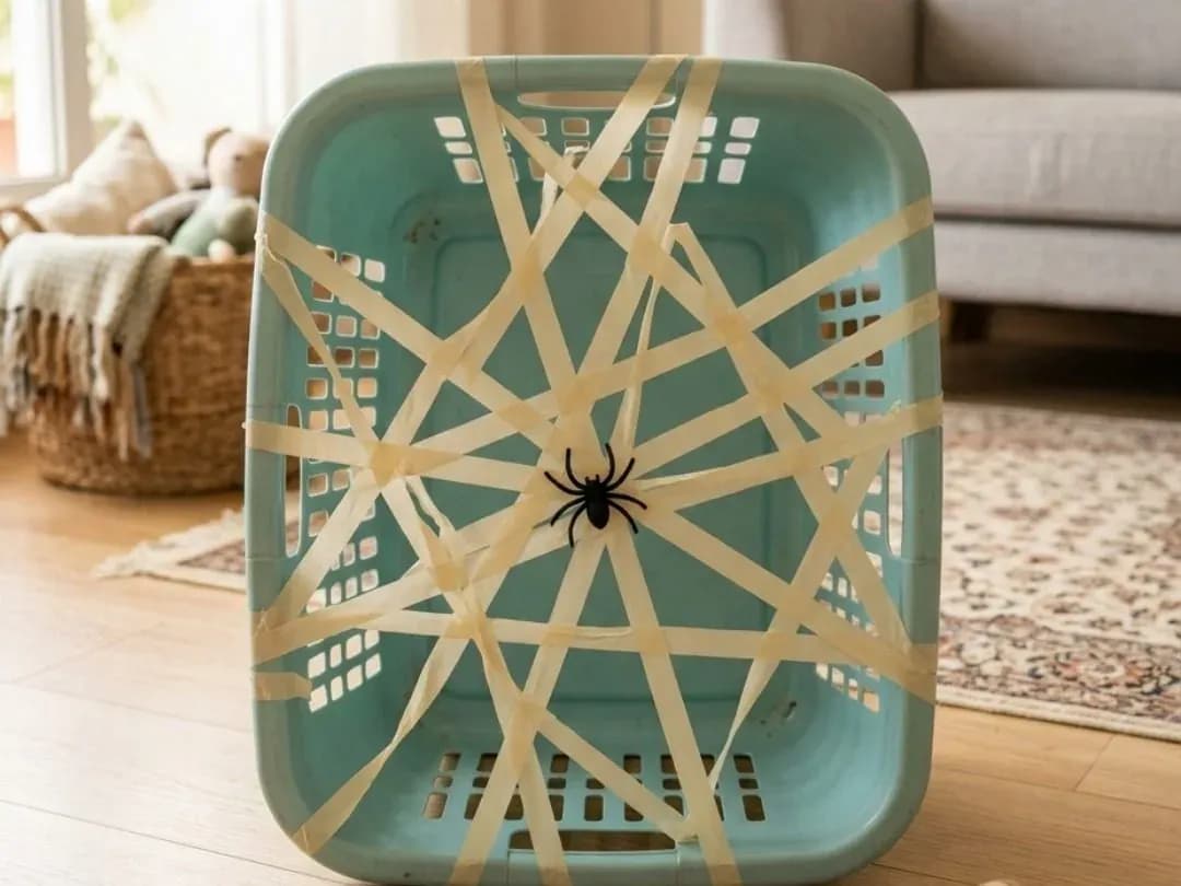 A teal laundry basket with a masking-tape spider web across the front and a toy spider in the middle