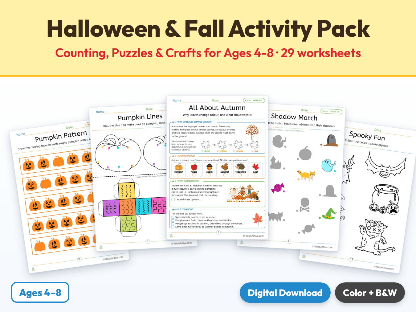 Halloween & Fall Activity Pack: Counting, Puzzles & Crafts for Ages 4-8 cover
