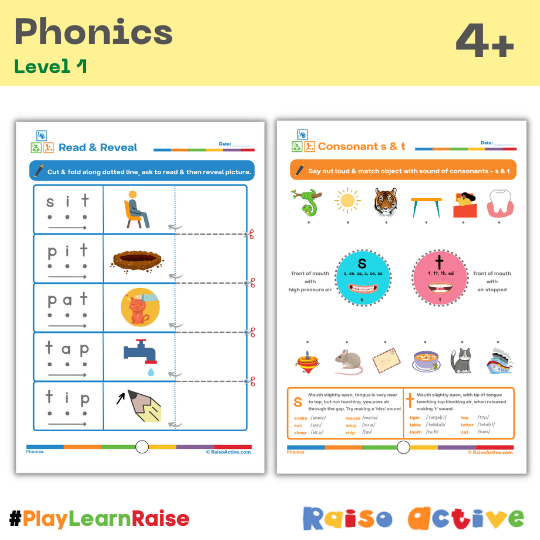 Phonics Level 1 worksheets - Read & Reveal and Consonant sounds!