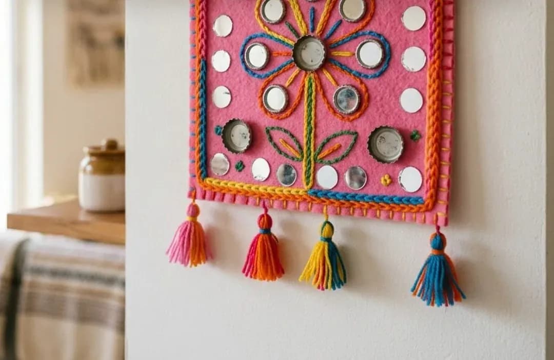 A pink felt wall hanging with a wool flower, foil mirrors, bottle caps and colourful tassels