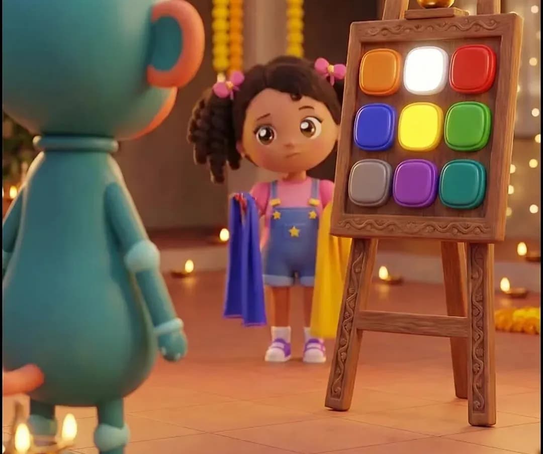 Tia holds a blue scarf and a yellow scarf beside a glowing board of nine Navratri colours as Yogi watches