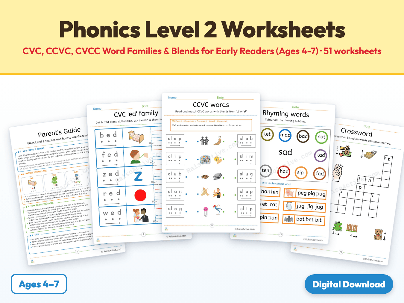 Phonics Level 2 Worksheets: CVC, CCVC, CVCC Word Families & Blends for Early Readers (Ages 4-7) cover