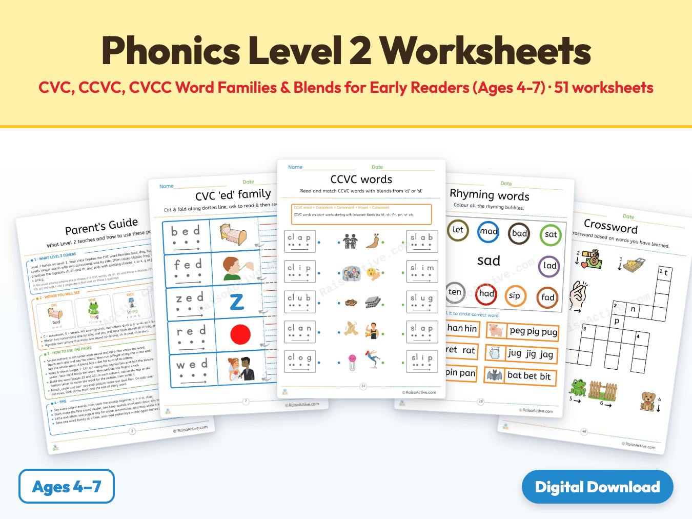 Phonics Level 2 Worksheets: CVC, CCVC, CVCC Word Families & Blends for Early Readers (Ages 4-7) cover