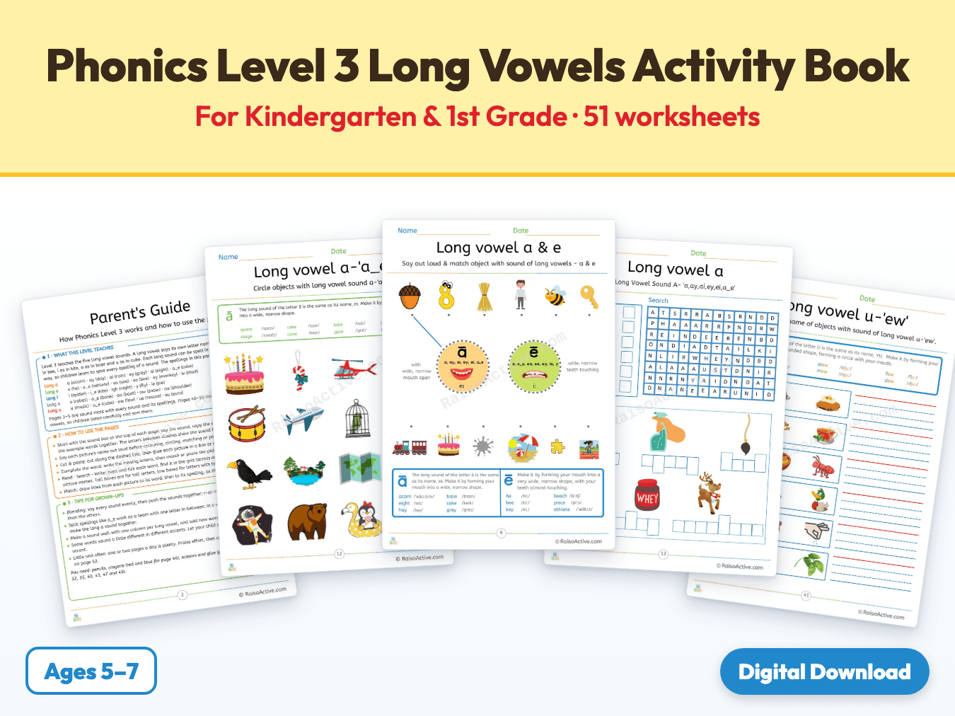 Phonics Level 3 Long Vowels Activity Book for Kindergarten & 1st Grade cover
