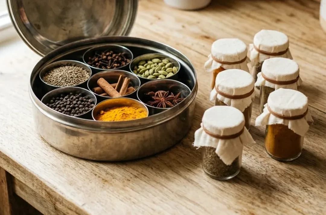 An open steel masala dabba with six whole spices beside six small jars covered with cloth and rubber bands